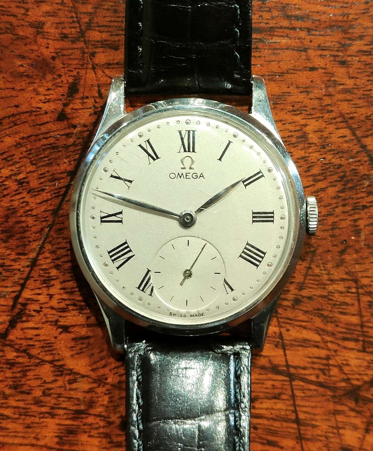 Mid 20th Century Steel Omega Wristwatch Black Leather Strap