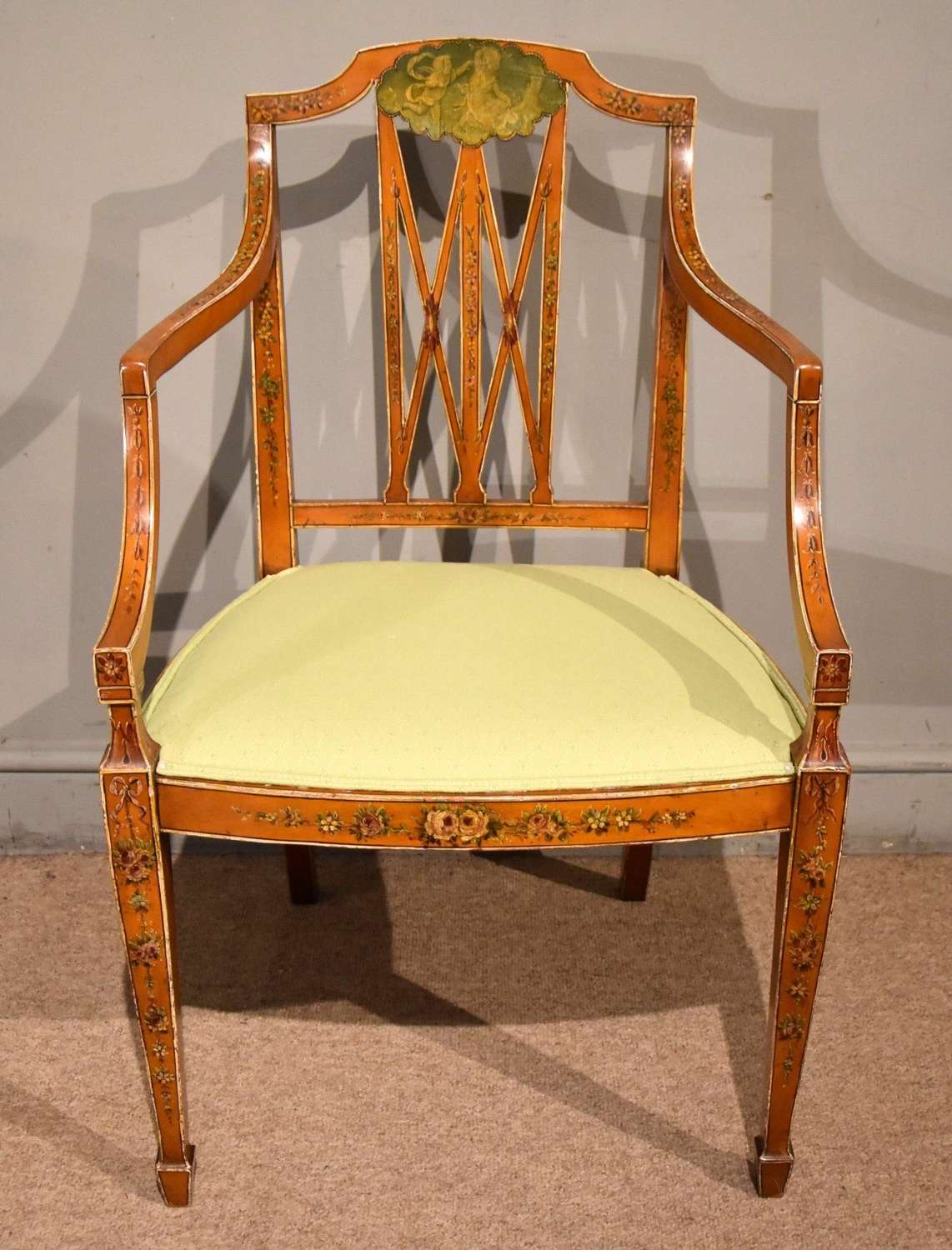 19th Century Satinwood and Hand Painted Armchair S & H Jewell
