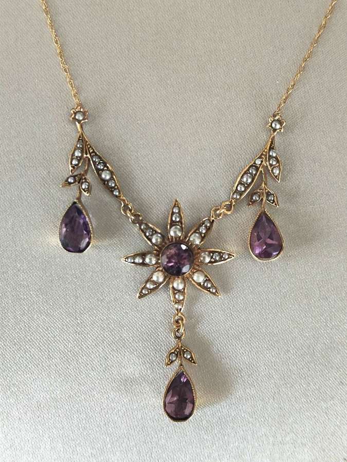 Victorian 9ct Gold Amethyst and Pearl Necklace