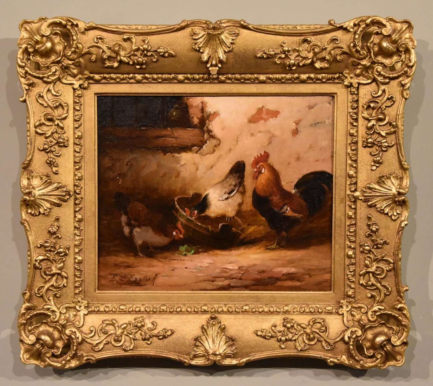 Oil Painting by E. S. England - Cockerel & Hens