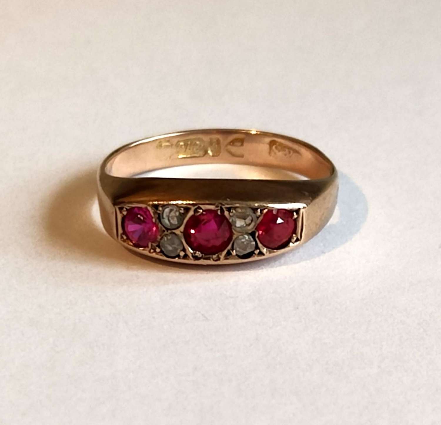Antique 9ct Rose Gold Ruby & Diamond Ring Chester 1926 Size M.5