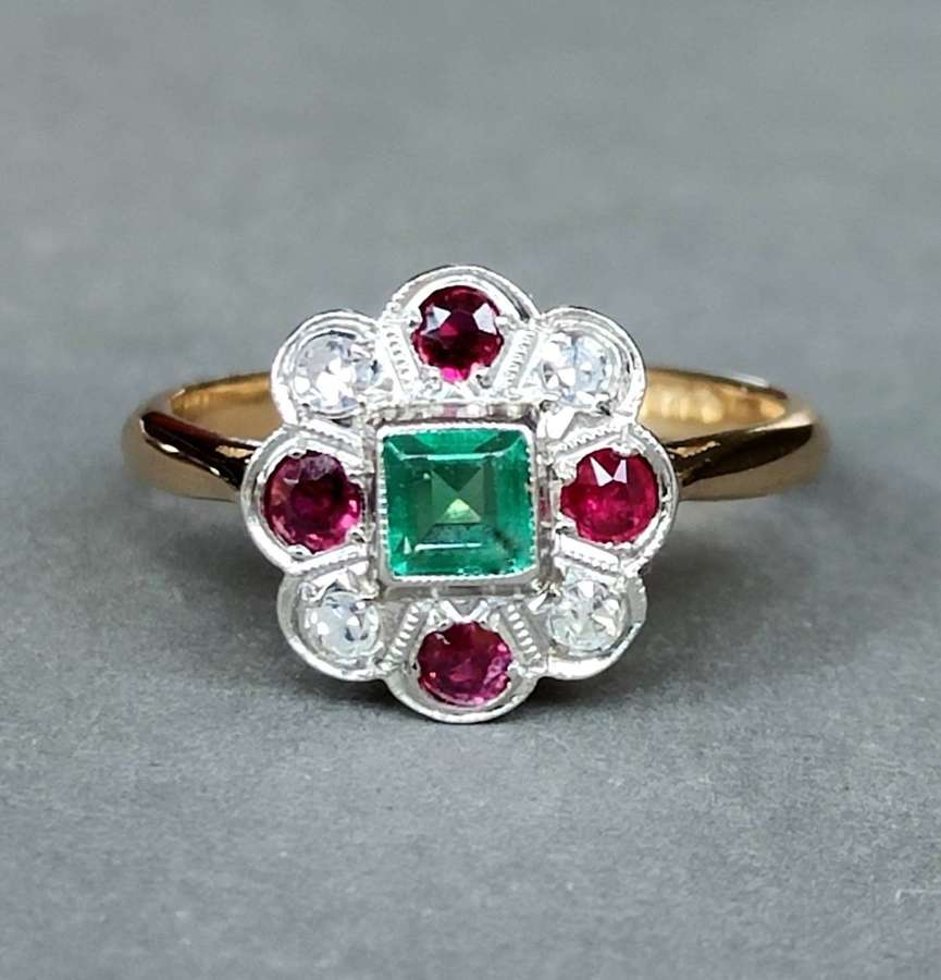 Art Deco 18ct Gold Platinum Emerald Ruby Diamond Ring