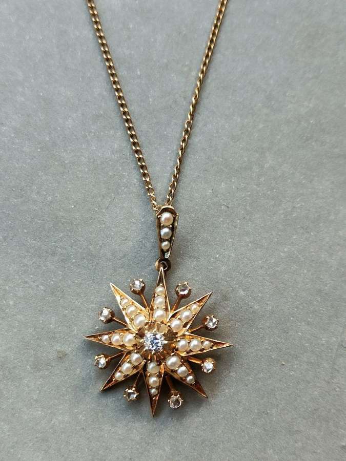 Victorian 15ct Gold Diamond Pearl Star Pendant