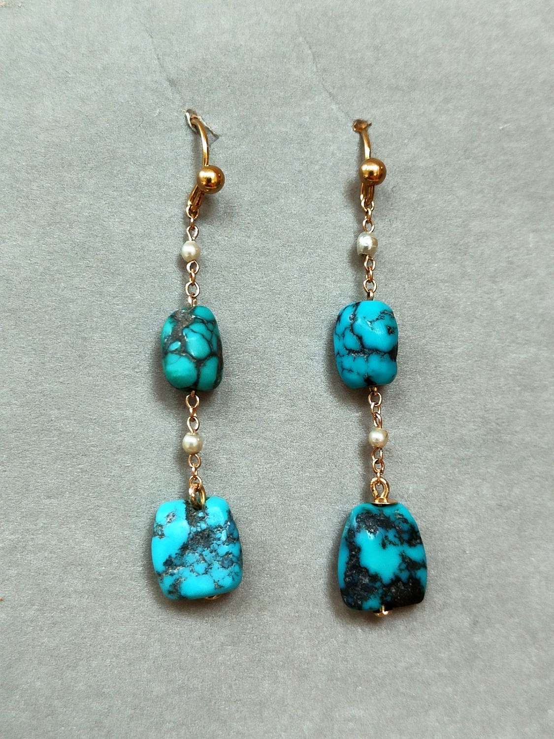 Pretty Victorian 9ct Gold Turquoise Pearl Earrings