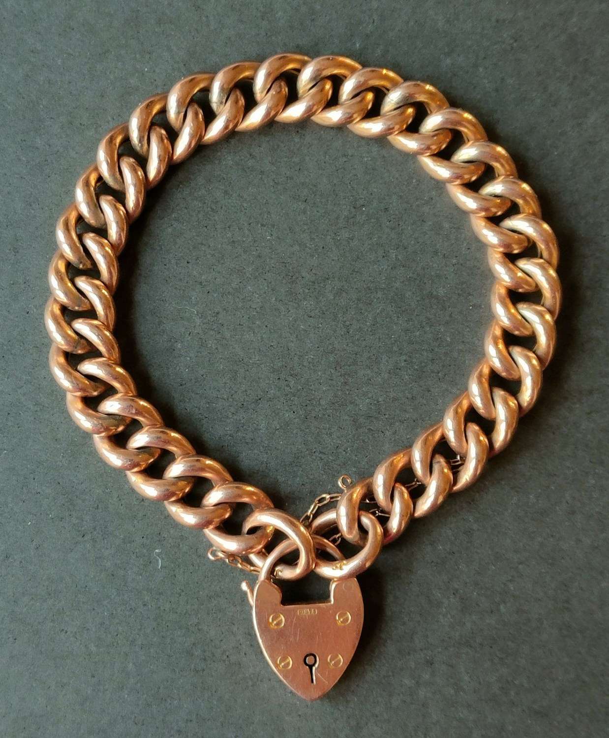Victorian Heavy 9ct Rose Gold Curb Chain Heart Padlock Bracelet 21.5g