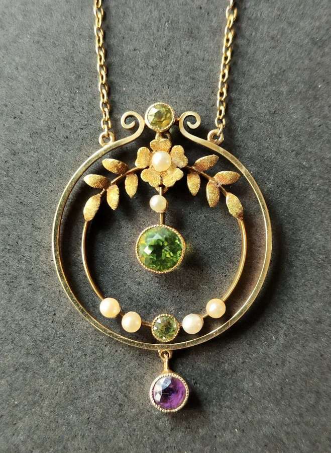 Antique 15ct Gold Peridot Amethyst Pearl Suffragette Pendant / Necklac
