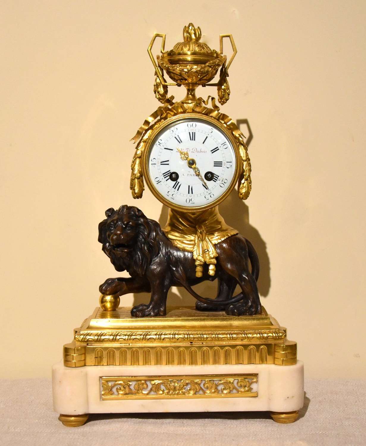 French 19th Century Marble, Ormolu and Bronze Mantel Clock