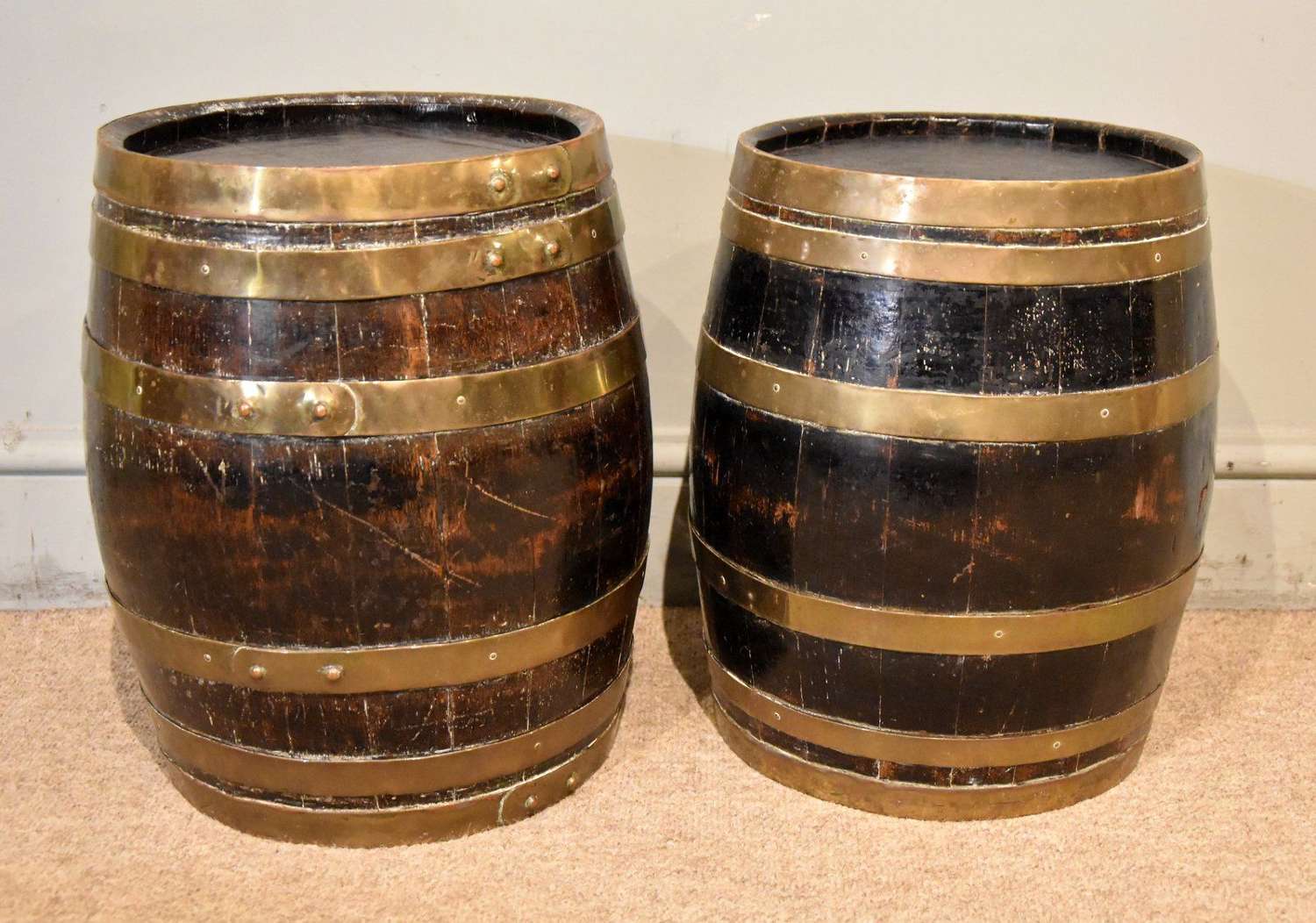 Pair of 19th Century Oak and Brass Bound Barrels