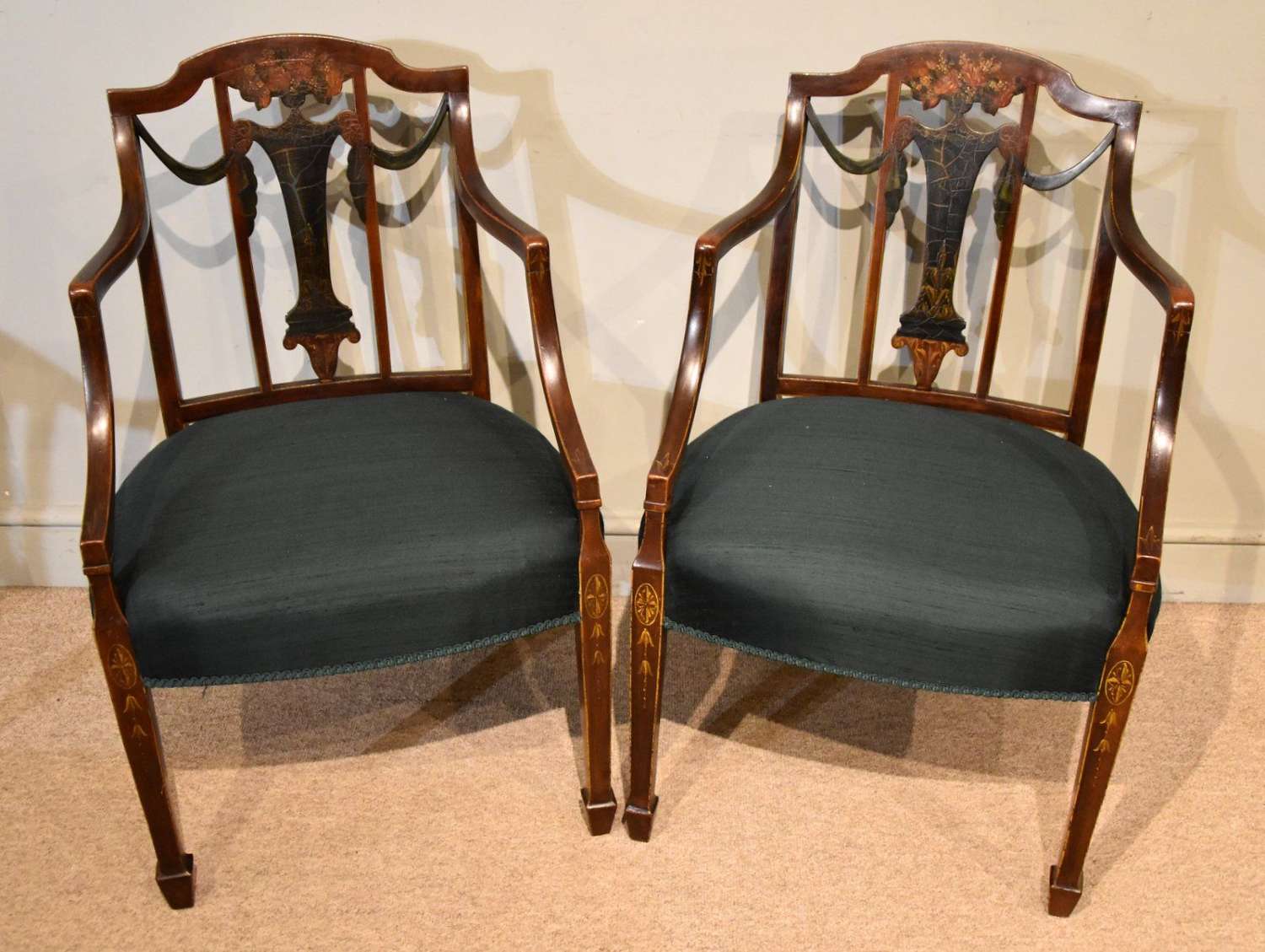 Pair 19th Century Sheraton Design Painted Armchairs