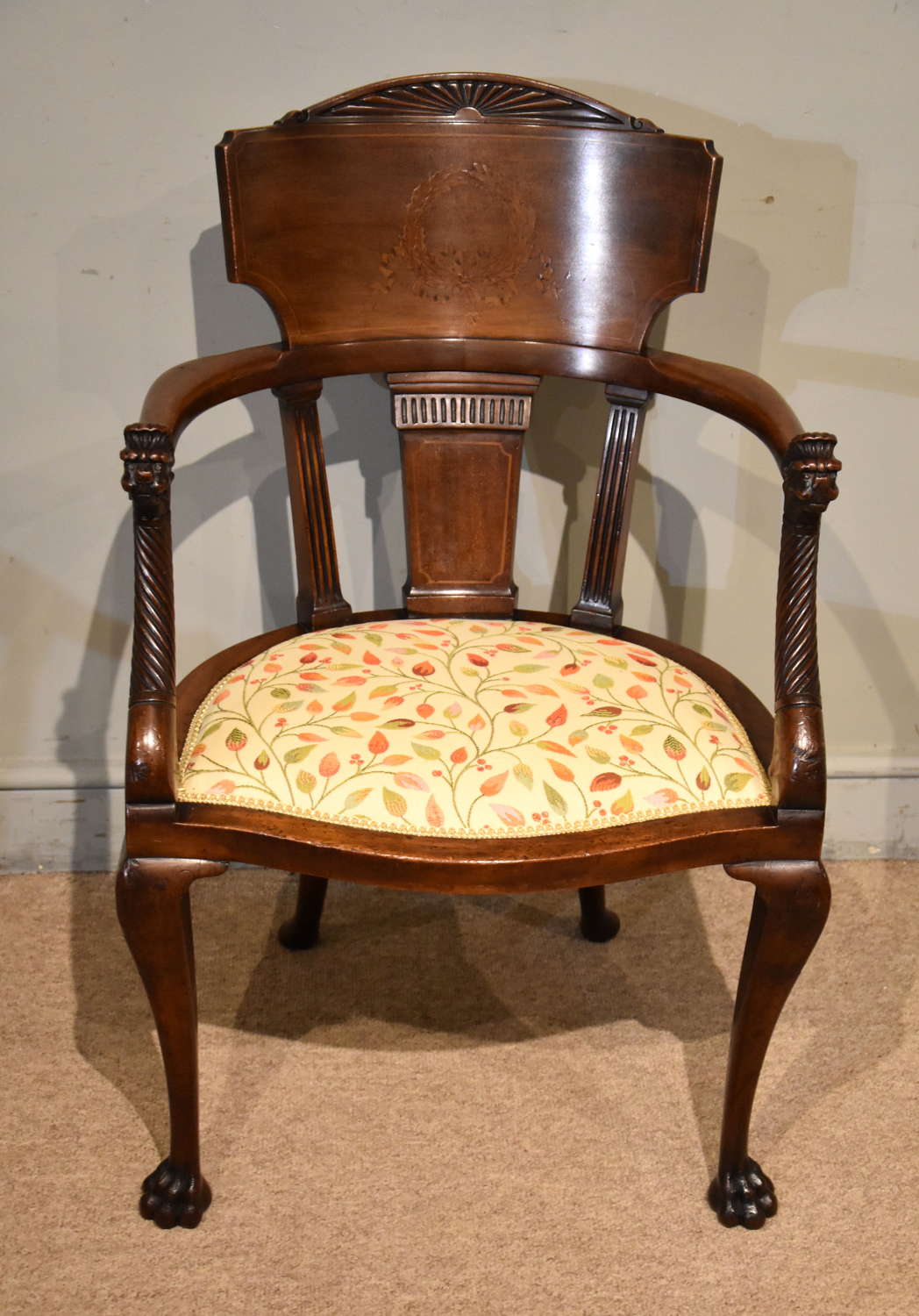 Late 19th century French mahogany and marquetry elbow chair