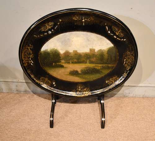 19th century papier mache oval tray on modern stan