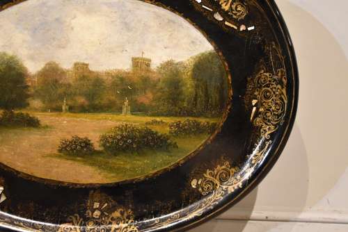 19th century papier mache oval tray on modern stan