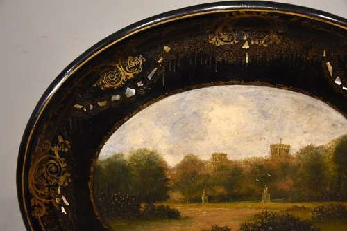 19th century papier mache oval tray on modern stan