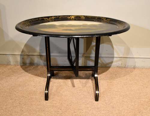 19th century papier mache oval tray on modern stan
