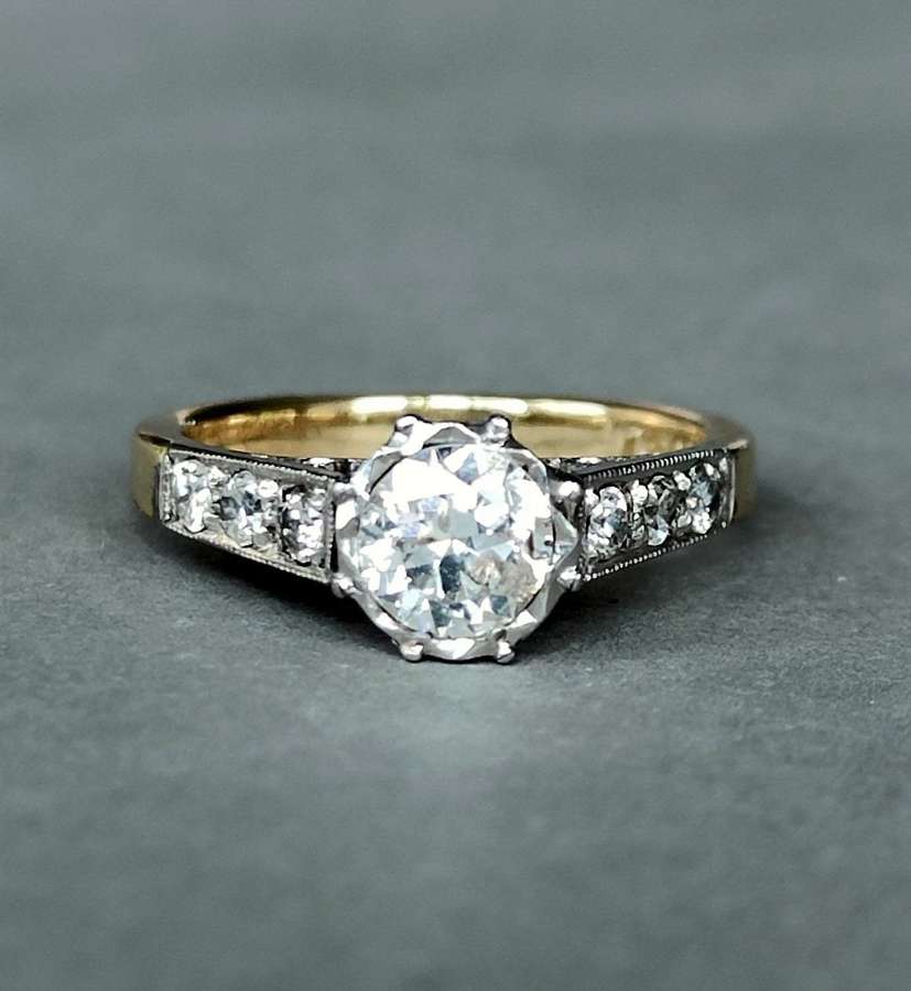 Art Deco 18ct Gold Platinum Diamond Solitaire Engagement Ring 1ct tota