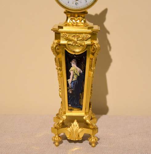 Unusual enamel mounted gilt brass mantel timepiece