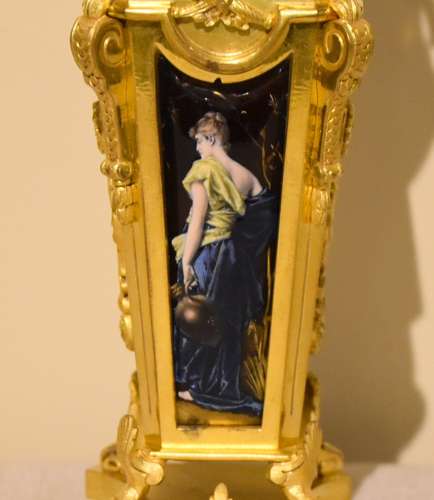 Unusual enamel mounted gilt brass mantel timepiece