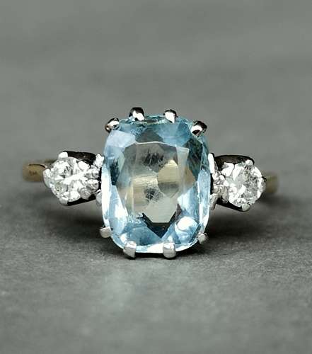 Art Deco 18ct gold platinum aquamarine diamond ring