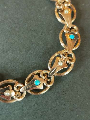 Rare Edwardian 9ct rose gold turquoise expandable bracelet