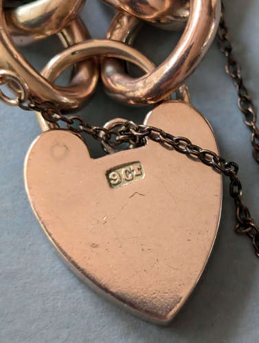 Victorian engraved 9ct rose gold chain bracelet heart padlock 20.6g