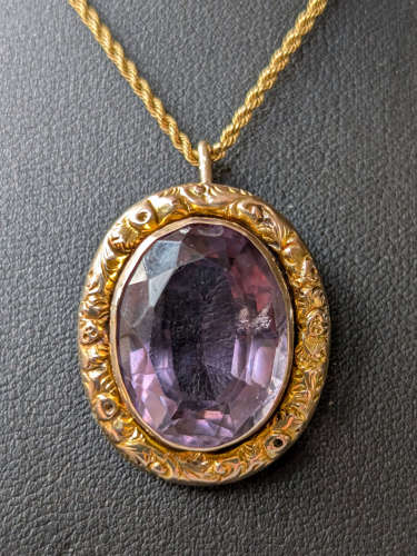 Large Victorian 9ct Gold Amethyst Pendant and Chain