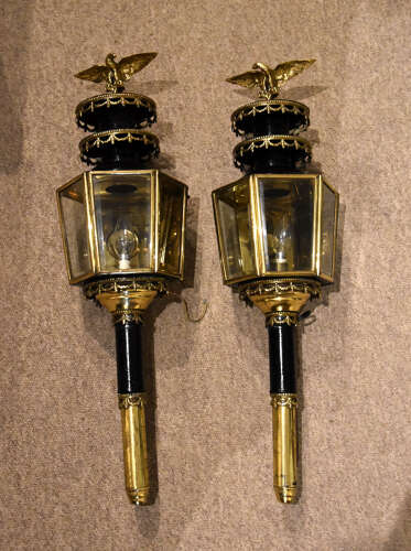 19th century brass converted carriage lamps