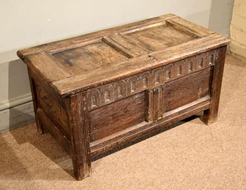 Small 17th century two panel oak coffer