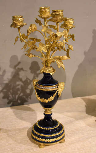 French Bleu De Roi Porcelain Lyre Clock with Garniture