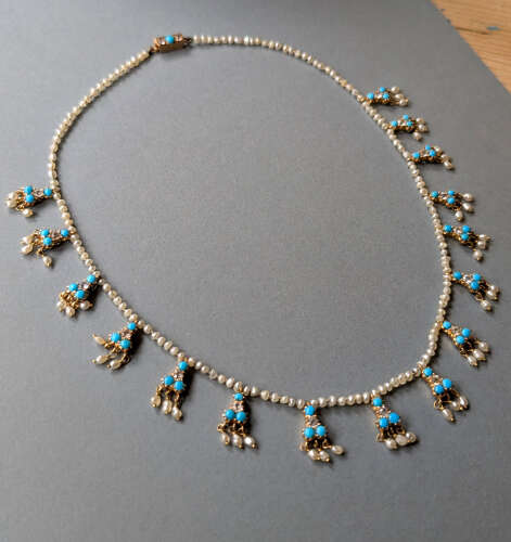 Victorian 18ct gold pearl white sapphire and turquoise necklace