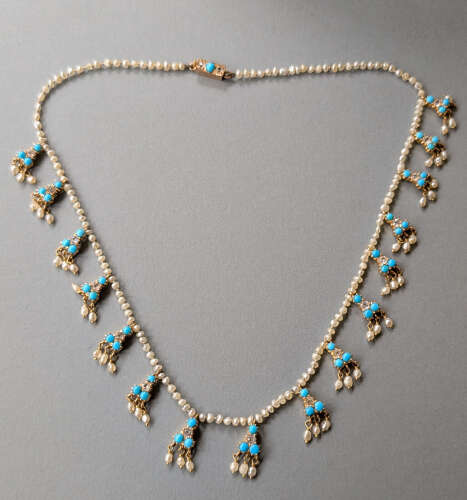 Victorian 18ct gold pearl white sapphire and turquoise necklace