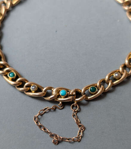 Victorian 15ct gold turquoise pearl chain bracelet