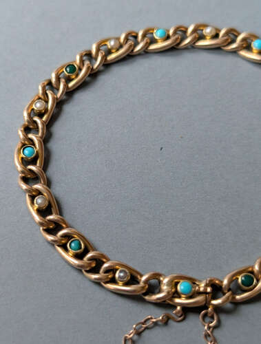 Victorian 15ct gold turquoise pearl chain bracelet