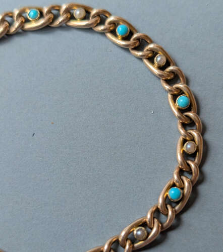 Victorian 15ct gold turquoise pearl chain bracelet