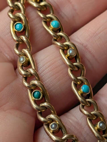 Victorian 15ct gold turquoise pearl chain bracelet