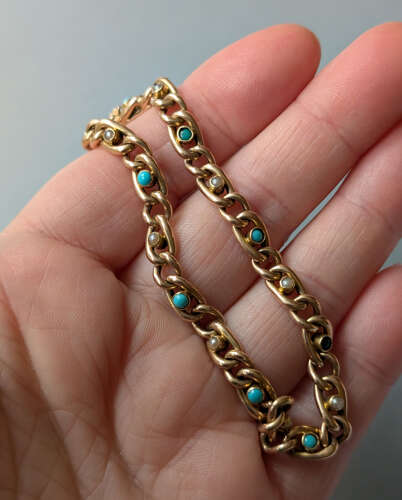 Victorian 15ct gold turquoise pearl chain bracelet