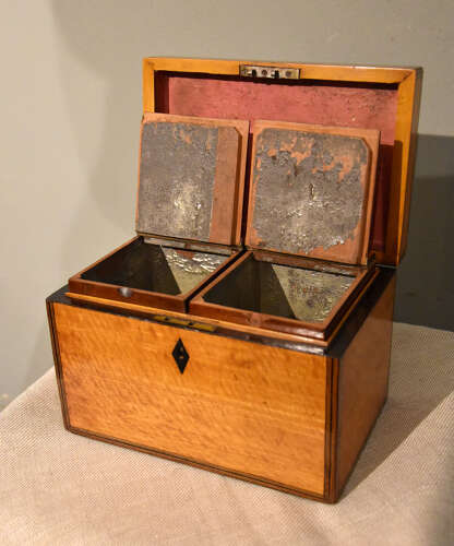 George III satinwood tea chest with trade labels
