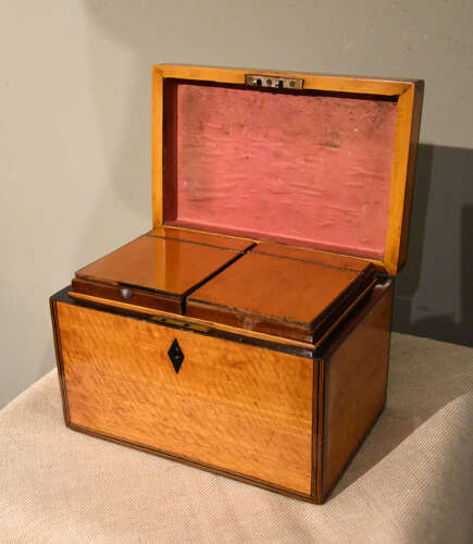 George III satinwood tea chest with trade labels