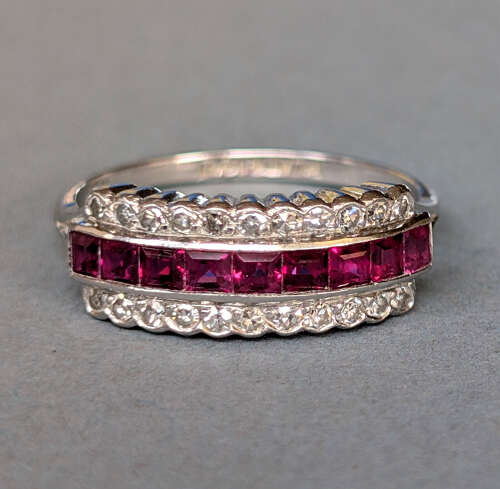 Art Deco half eternity 18ct Gold Platinum Ruby Diamond Ring