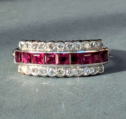 Art Deco half eternity 18ct Gold Platinum Ruby Diamond Ring