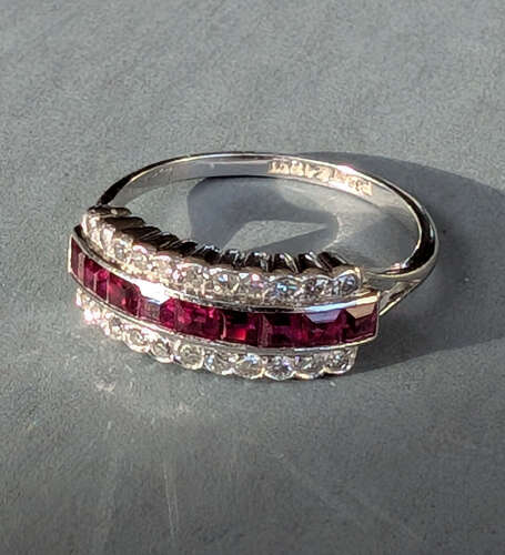 Art Deco half eternity 18ct Gold Platinum Ruby Diamond Ring