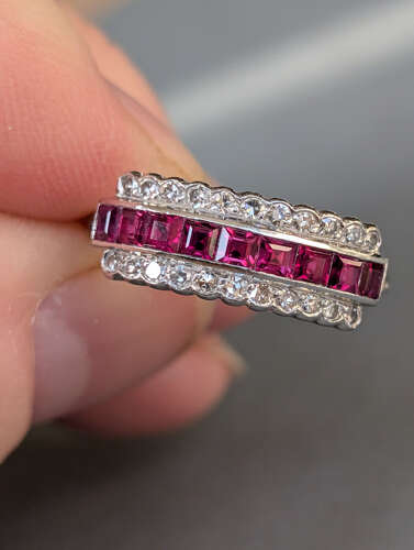 Art Deco half eternity 18ct Gold Platinum Ruby Diamond Ring