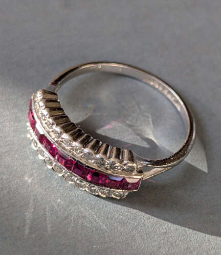 Art Deco half eternity 18ct Gold Platinum Ruby Diamond Ring