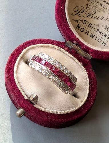 Art Deco half eternity 18ct Gold Platinum Ruby Diamond Ring