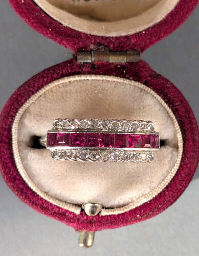 Art Deco half eternity 18ct Gold Platinum Ruby Diamond Ring